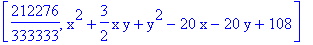 [212276/333333, x^2+3/2*x*y+y^2-20*x-20*y+108]